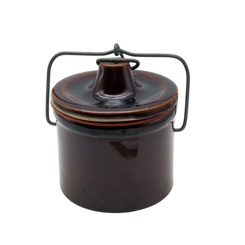 Vintage Brown Glazed Stoneware Crock Jar with Wire Bale Clamp Lid Rubber Gasket